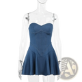 Navy blue denim corset mini dress with sweetheart neckline and flared skirt for a stylish casual look