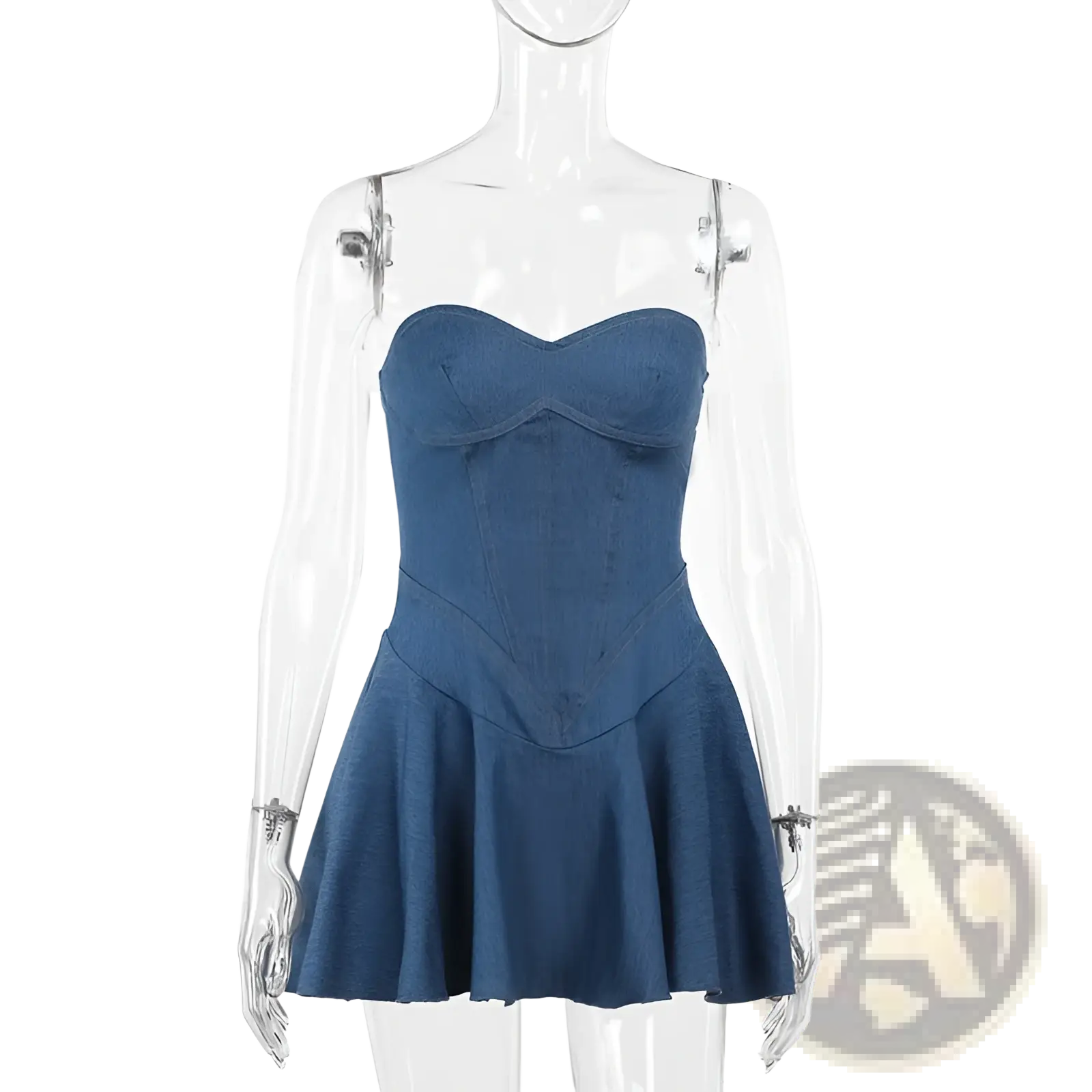 Navy blue denim corset mini dress with sweetheart neckline and flared skirt for a stylish casual look