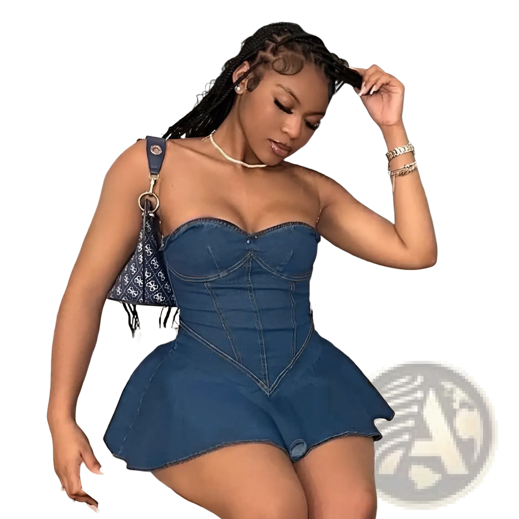 Blue denim corset mini dress with sweetheart neckline and flared skirt featuring a fitted bodice design