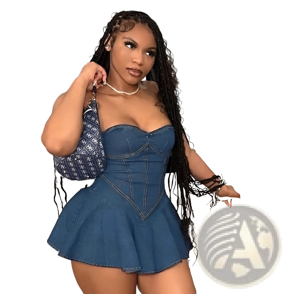 Blue denim corset mini dress with sweetheart neckline and flared skirt in a stylish casual design