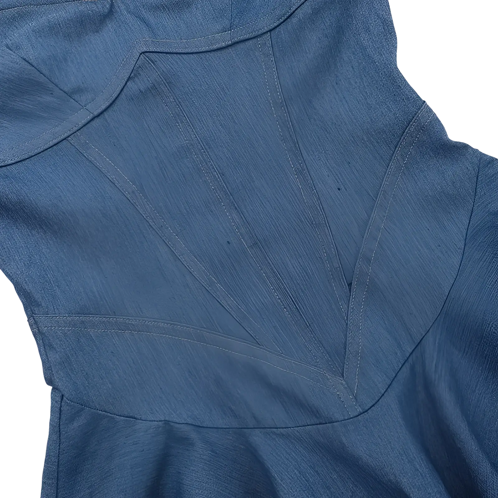 A close-up of a blue denim corset mini dress with sweetheart neckline and structured diagonal seam detailing