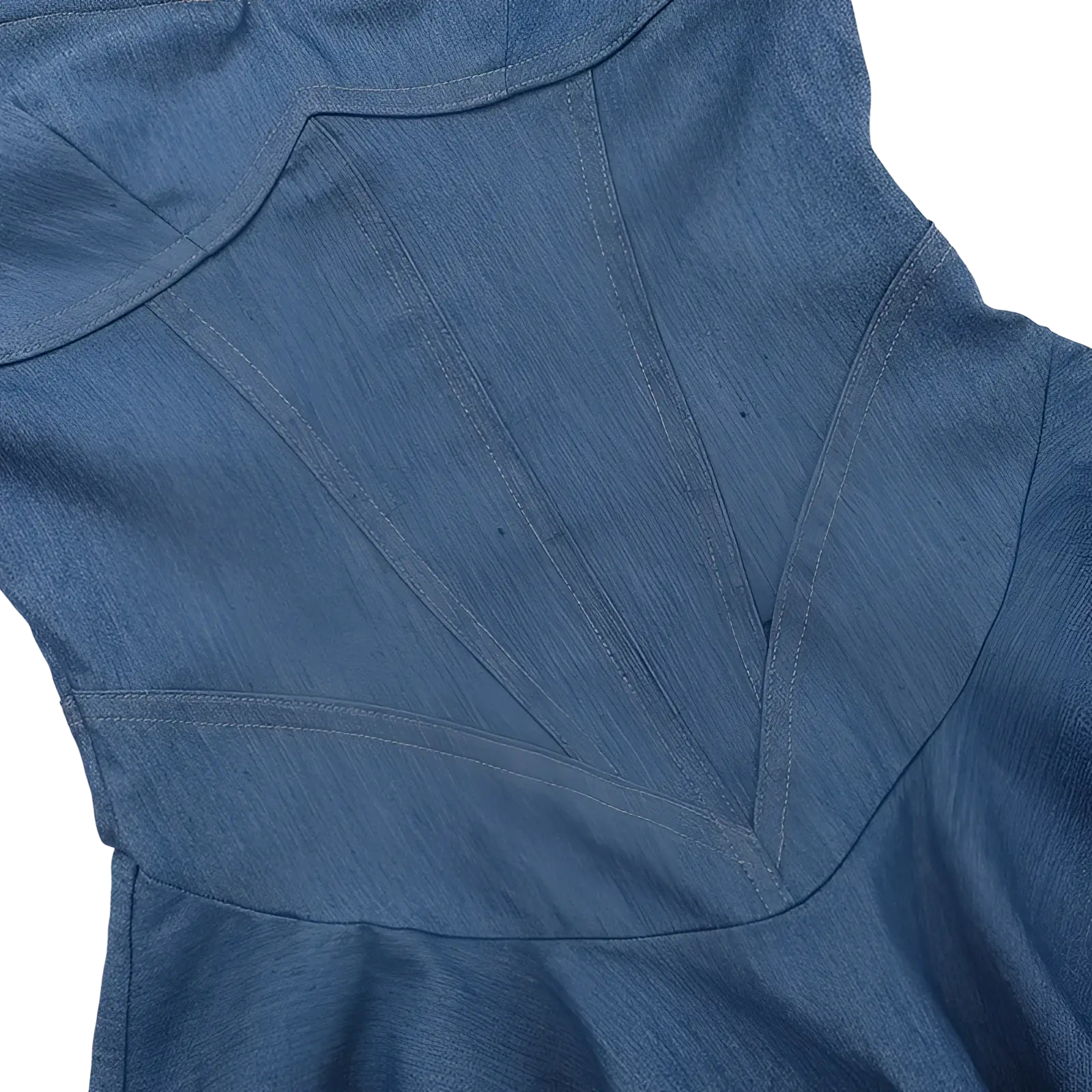 A close-up of a blue denim corset mini dress with sweetheart neckline and structured diagonal seam detailing