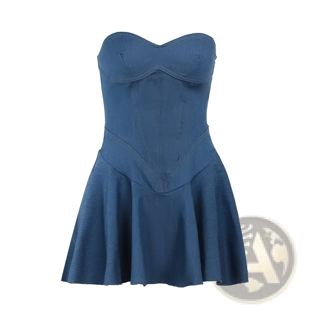 A fitted strapless denim mini dress with sweetheart neckline and flared skirt perfect for casual wear