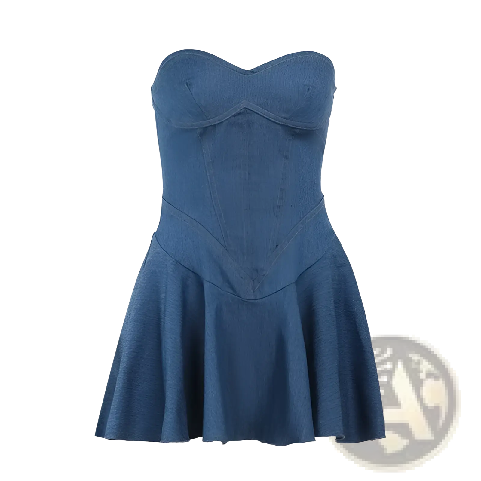 A fitted strapless denim mini dress with sweetheart neckline and flared skirt perfect for casual wear