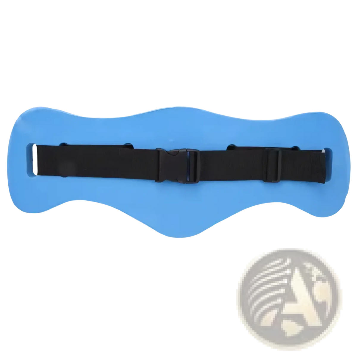Blue inflatable swim buoyancy belt with black adjustable strap and buckle for training float support