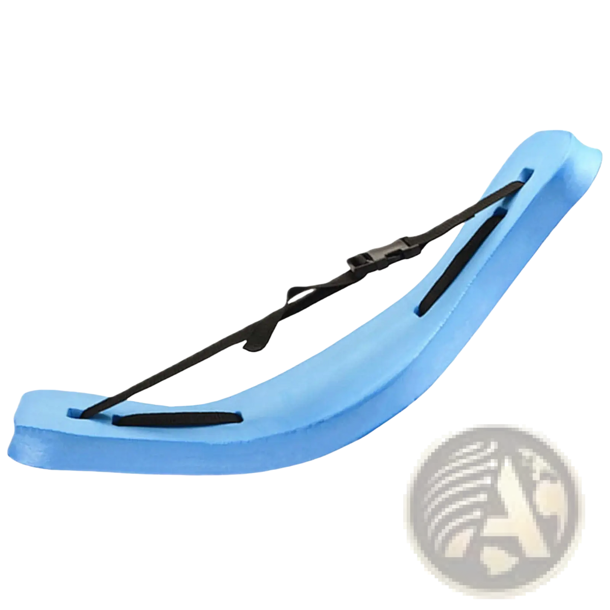 Light blue foam swim buoyancy belt with black adjustable strap and buckle for swim training and flotation