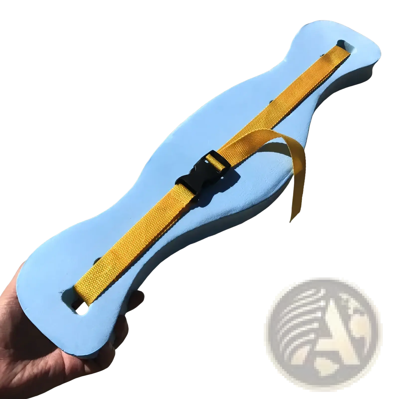 Light blue foam swim buoyancy belt with yellow adjustable strap and black buckle for swim training float