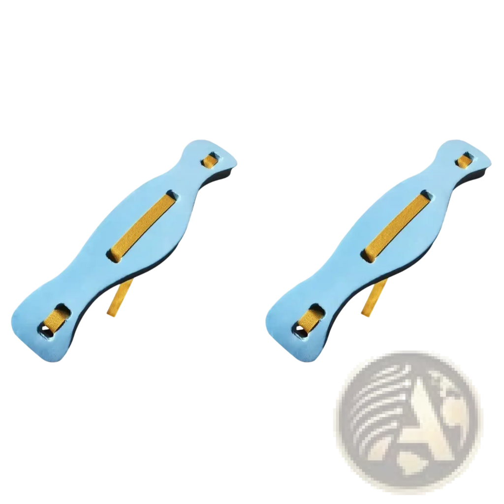 Light blue plastic swim fins with yellow straps designed as a swim floating belt training aid for swimming practice