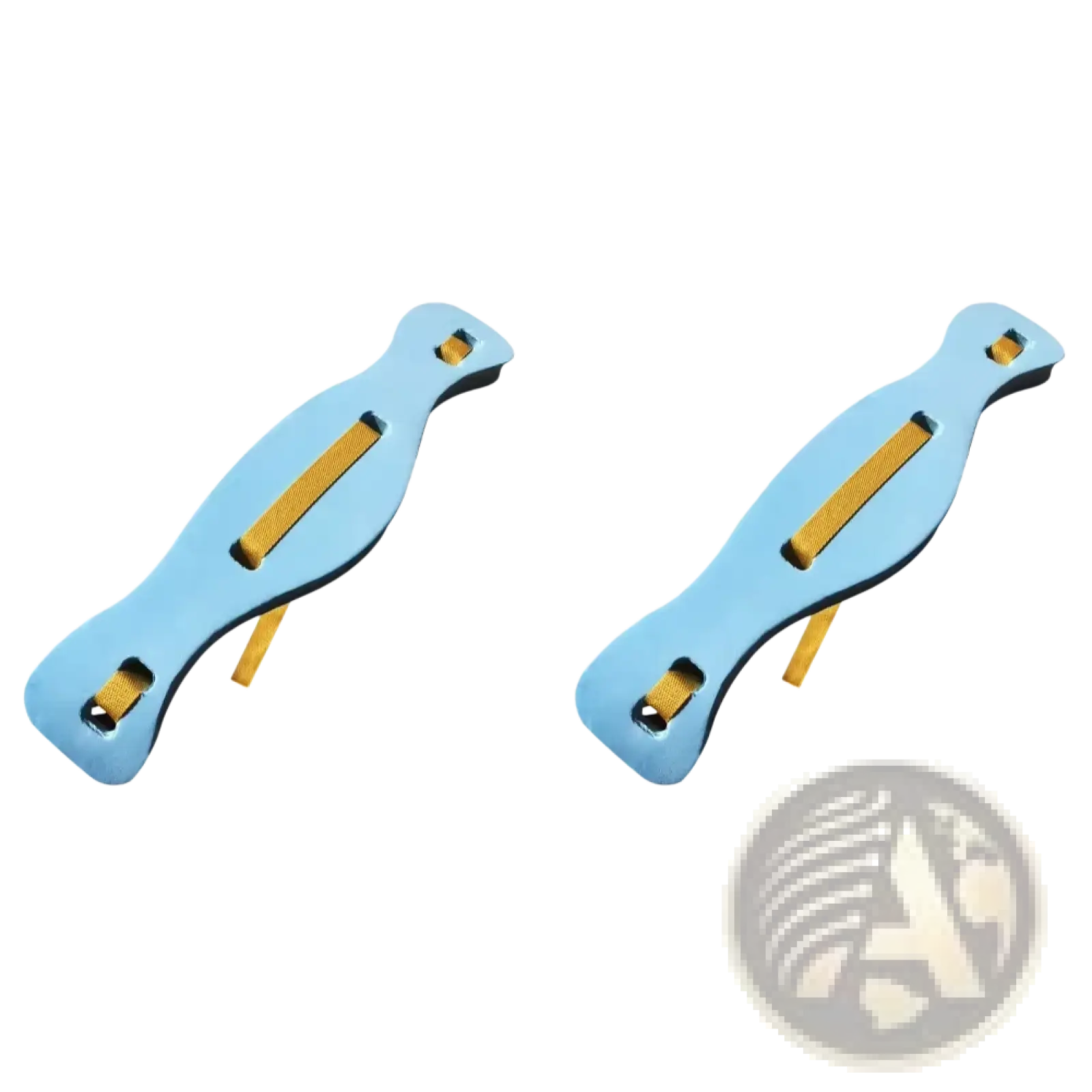 Light blue plastic swim fins with yellow straps designed as a swim floating belt training aid for swimming practice