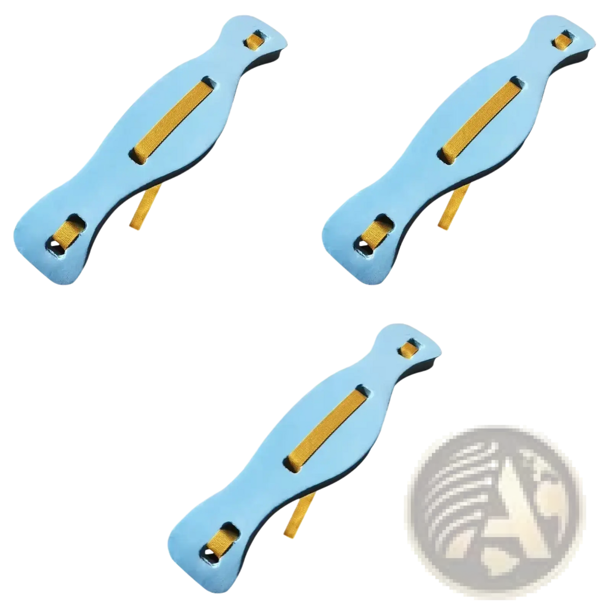 Light blue plastic swim fins with yellow straps for swim floating belt training aid use
