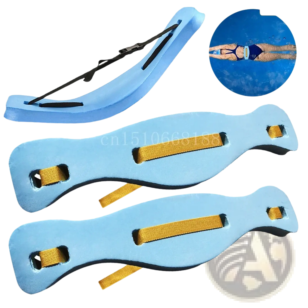 Light blue swim floating belt training aid with black straps and yellow webbing for secure grip and support