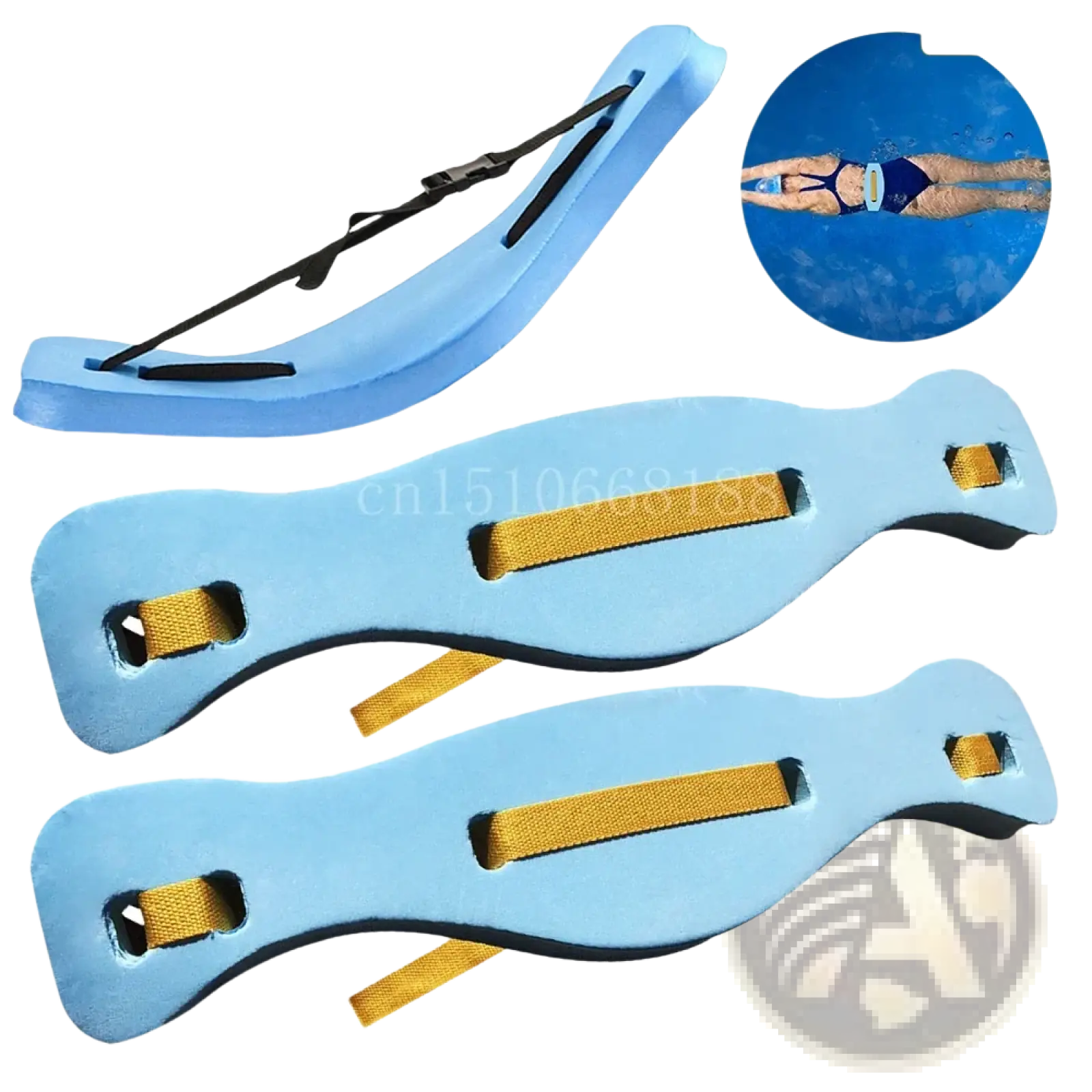 Light blue swim floating belt training aid with black straps and yellow webbing for secure grip and support