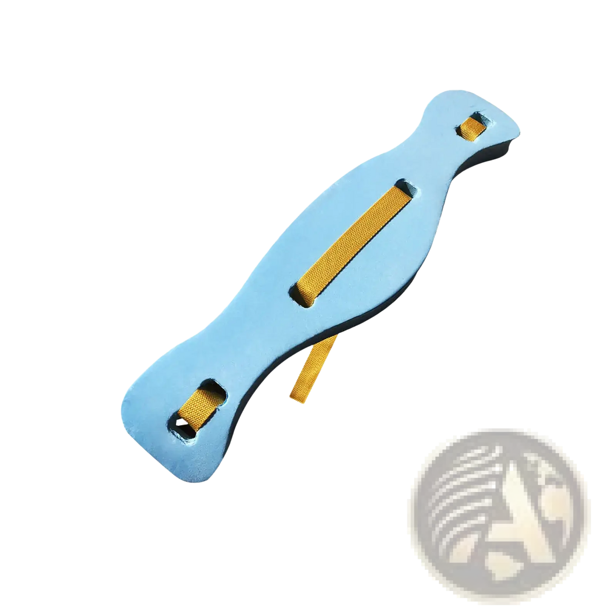 Light blue foam swim floating belt training aid with yellow fabric straps for swimming support and buoyancy