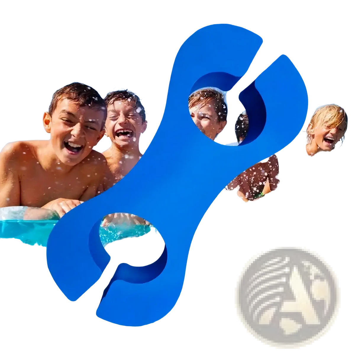 Blue plastic swim leg float training aid shaped like a wrench for toddler swimming assistance