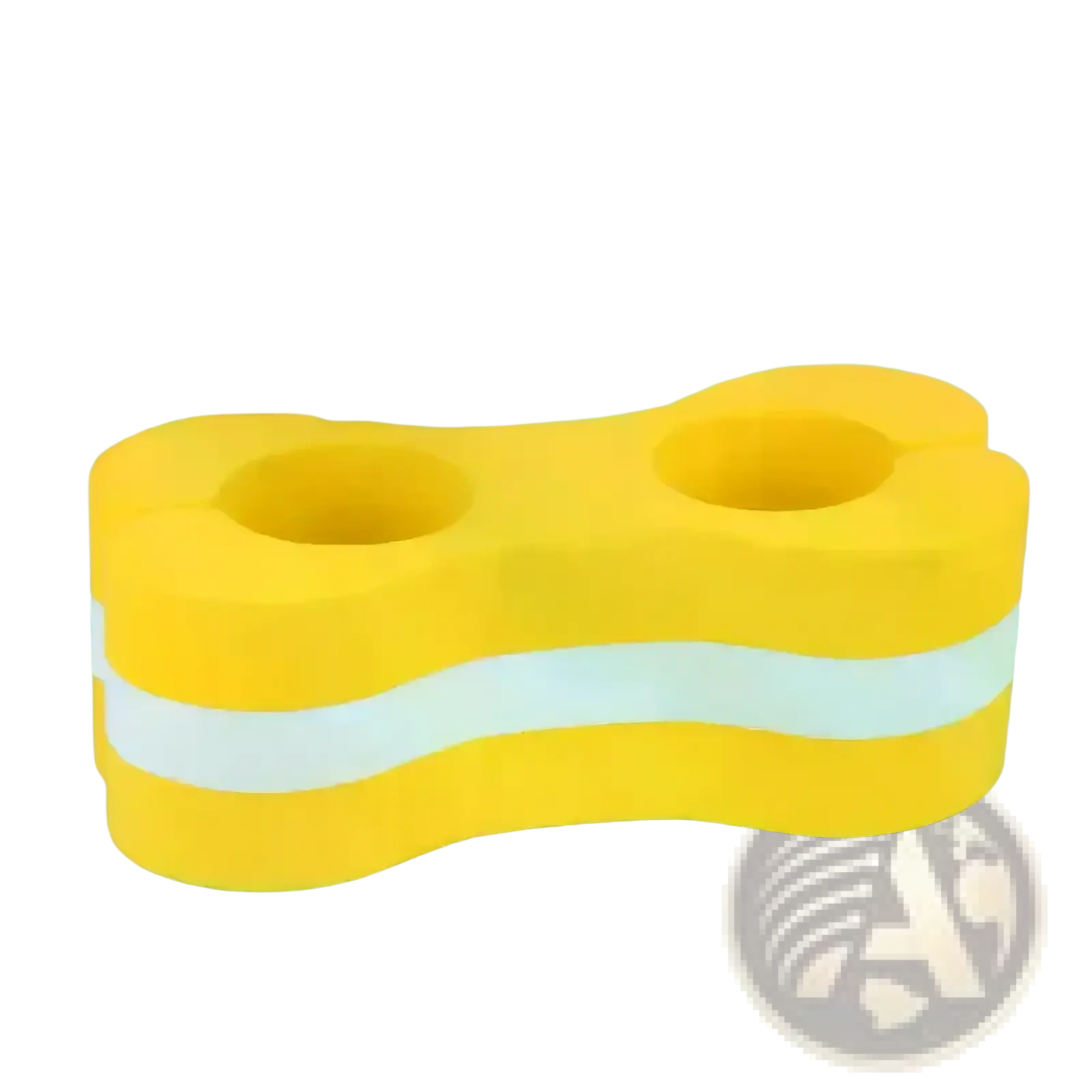 Bright yellow bone-shaped foam swim leg float training aid with two circular handles and white reflective stripe