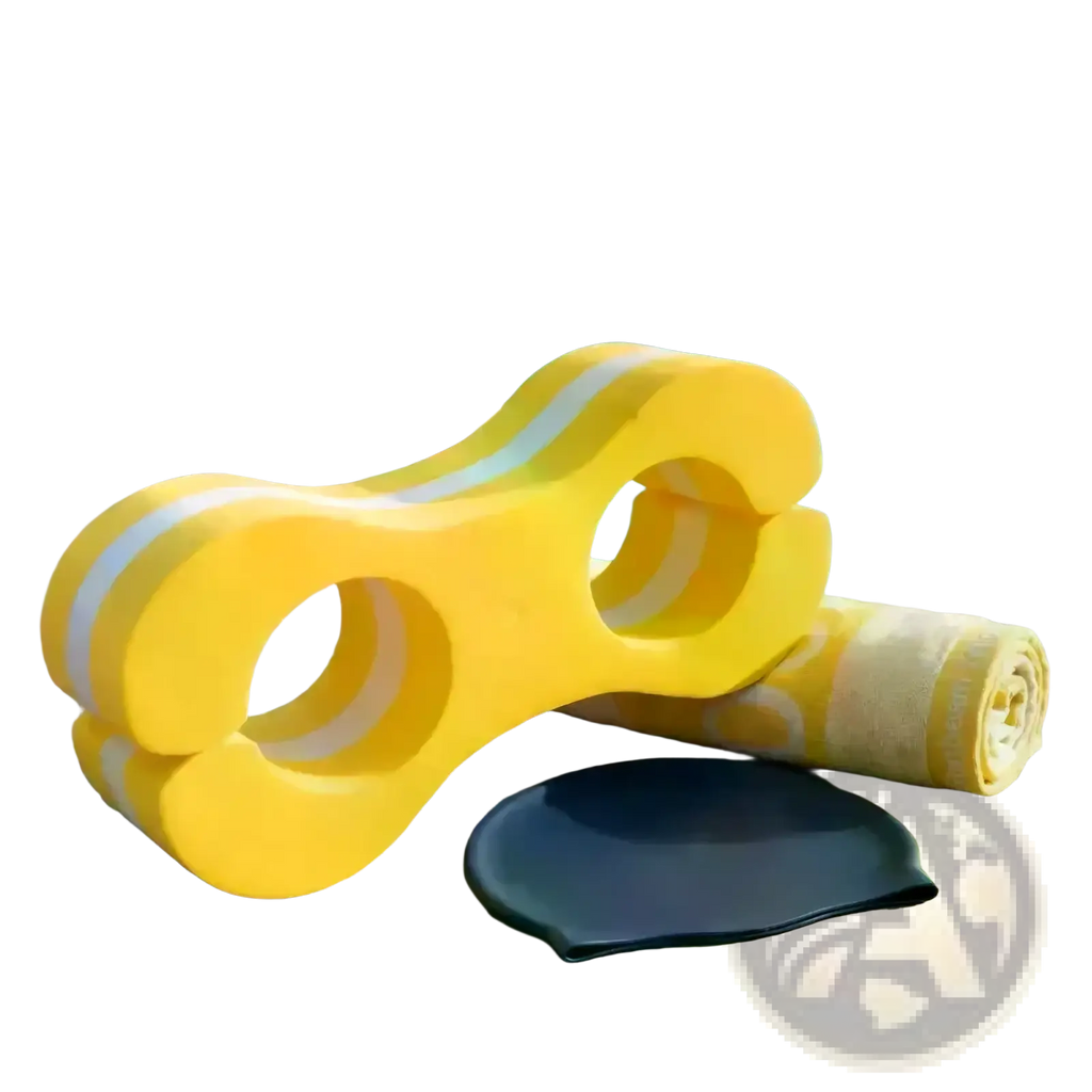 Bright yellow foam swim leg float training aid with white stripes and two circular handles for swimming exercise