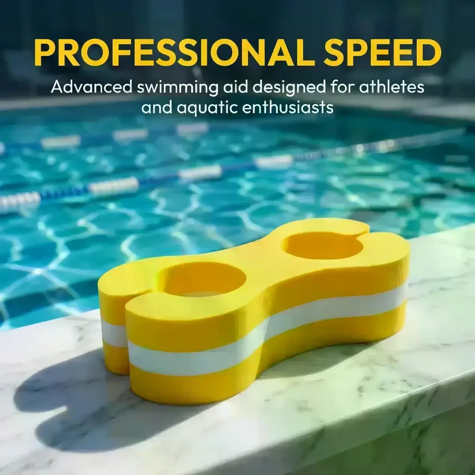 Bright yellow foam swim leg float training aid with white reflective stripes for swimming support