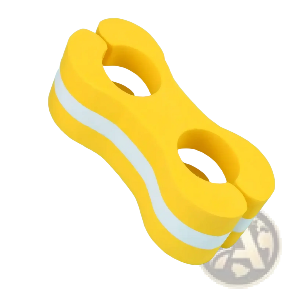 Bright yellow foam swim leg float training aid with two circular cutouts and a white stripe along its length