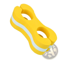 Bright yellow foam swim leg float training aid with two circular cutouts and a white stripe along its length