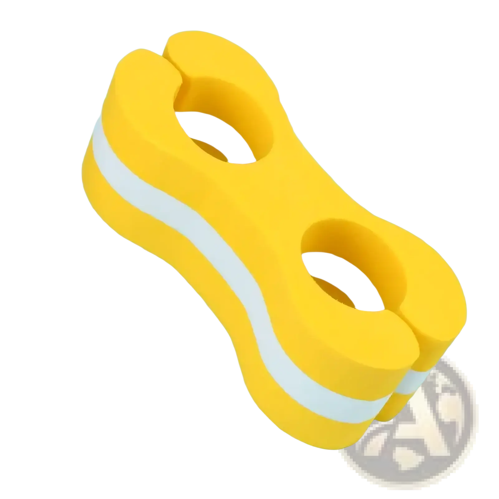Bright yellow foam swim leg float training aid with two circular cutouts and a white stripe along its length