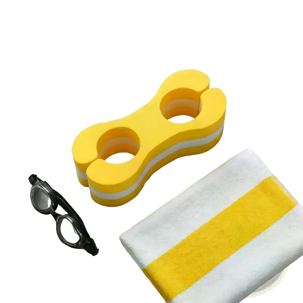 Yellow foam swim leg float training aid with white stripes designed for swim training and buoyancy support
