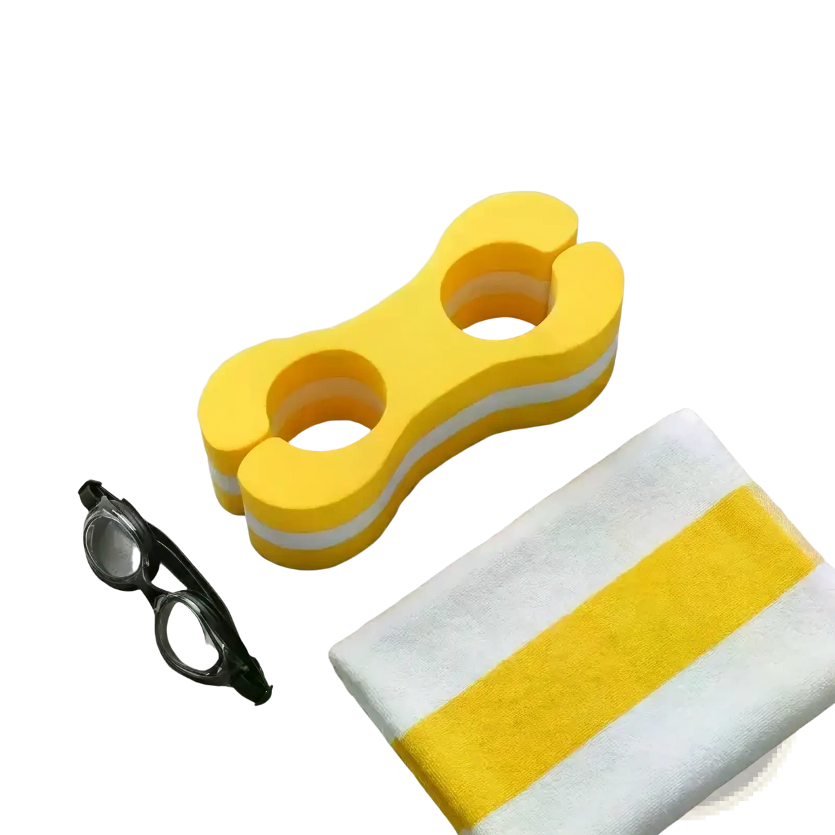 Yellow foam swim leg float training aid with white stripes designed for swim training and buoyancy support