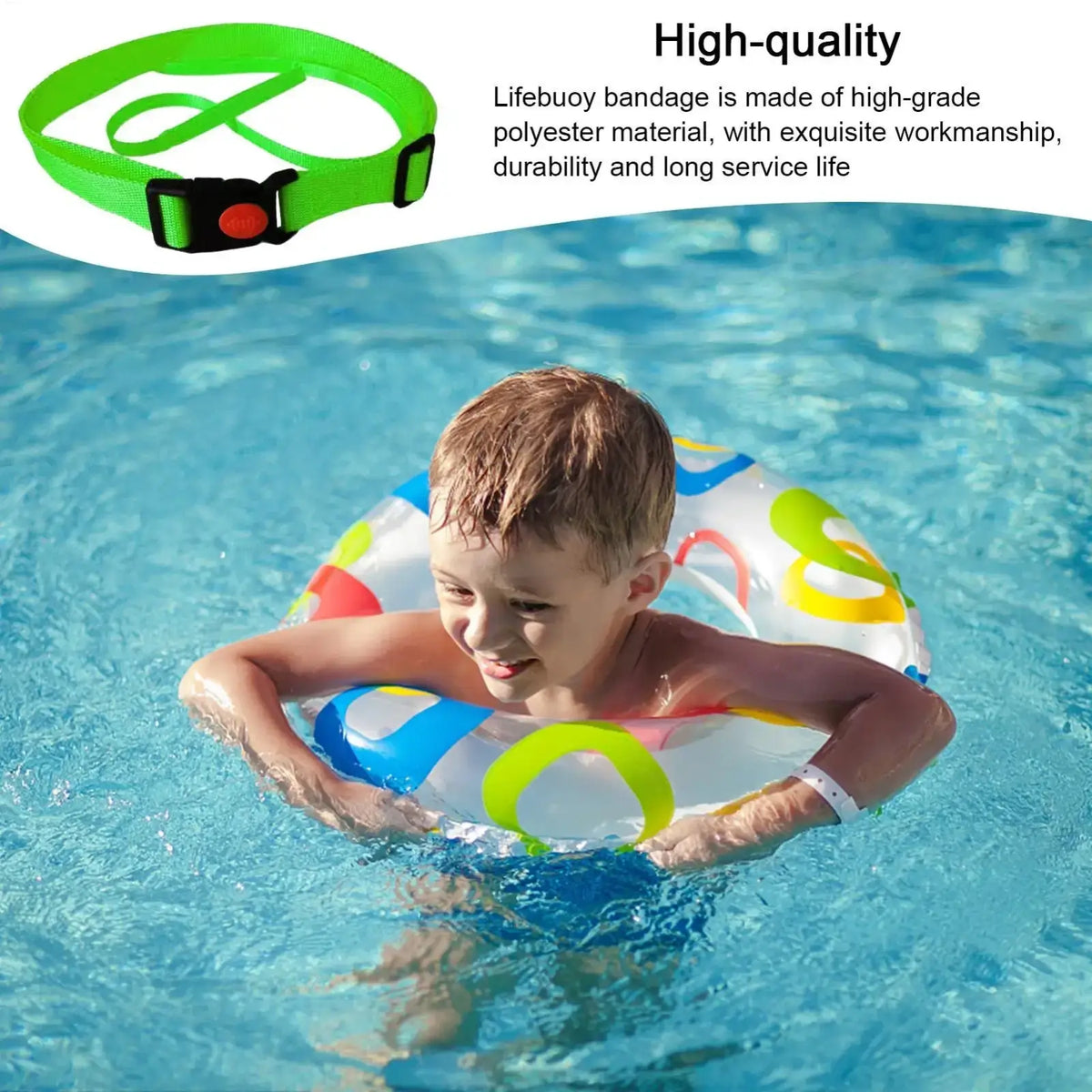 Bright green inflatable swim training belt with adjustable safety tether black buckle and red button for water safety