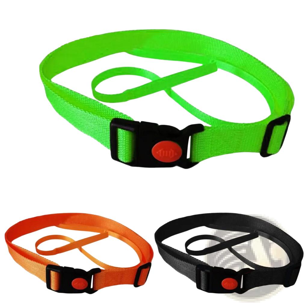 Swim training belt made of bright neon green nylon with adjustable black plastic buckle and red circular safety button