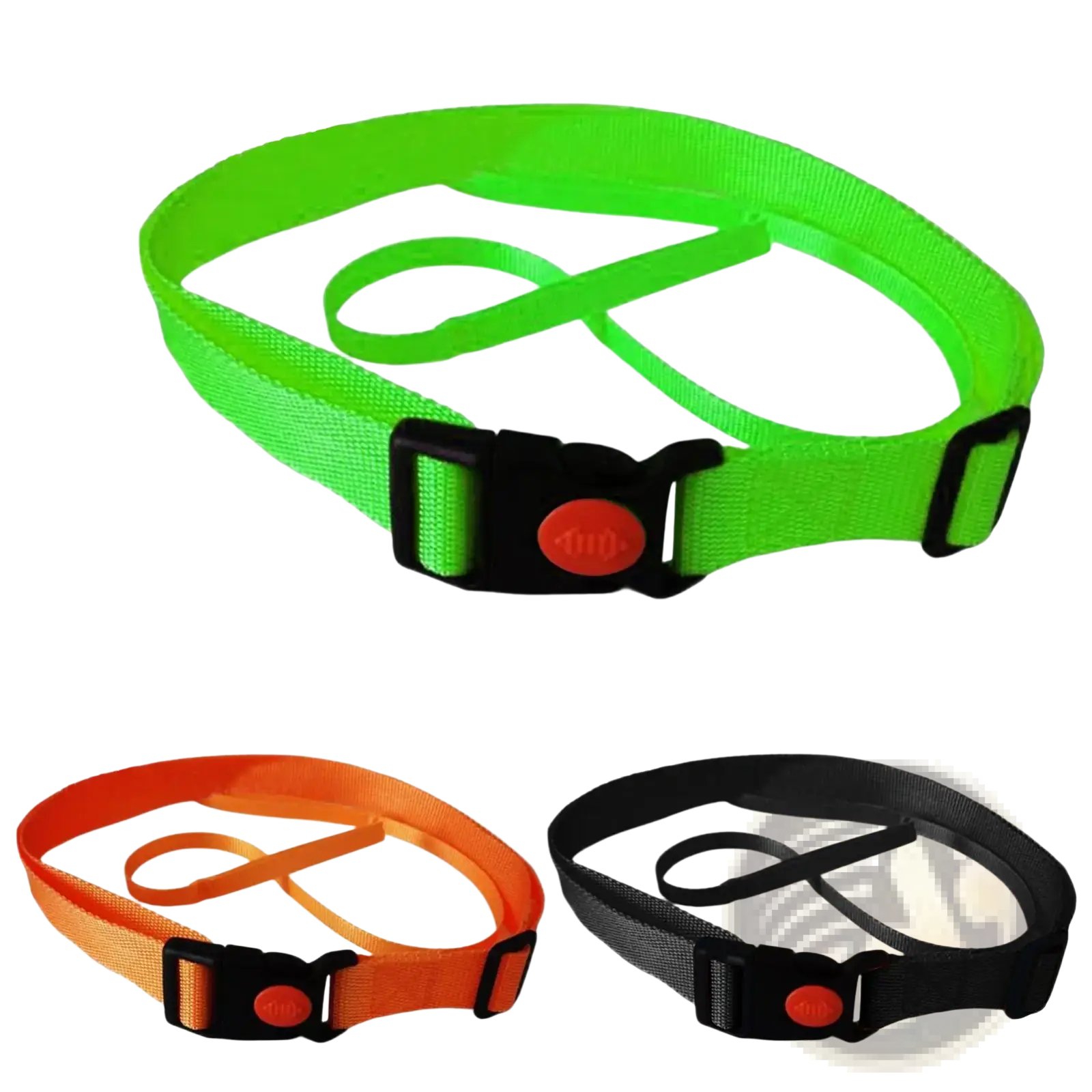 Swim training belt made of bright neon green nylon with adjustable black plastic buckle and red circular safety button