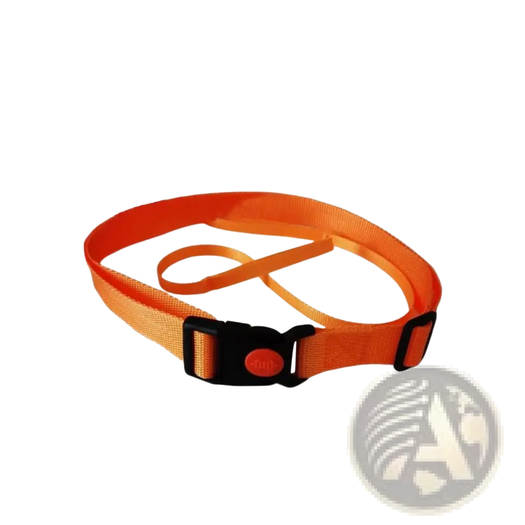 Swim training belt with bright orange nylon strap, black plastic buckle, and red circular logo for adjustable safety tether