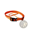Swim training belt with bright orange nylon strap, black plastic buckle, and red circular logo for adjustable safety tether