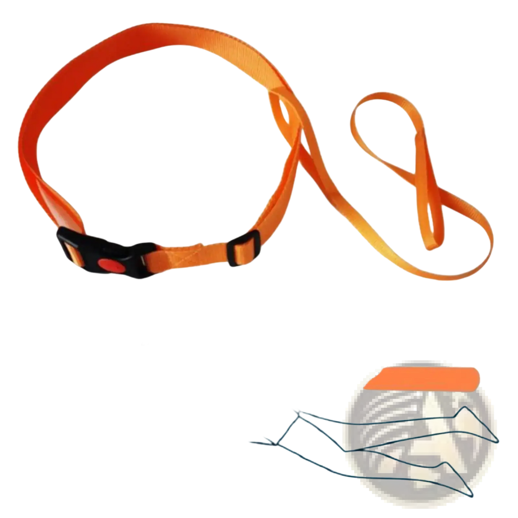 Orange swim training belt with black buckle and attached flotation tube for adjustable swimming safety tether use