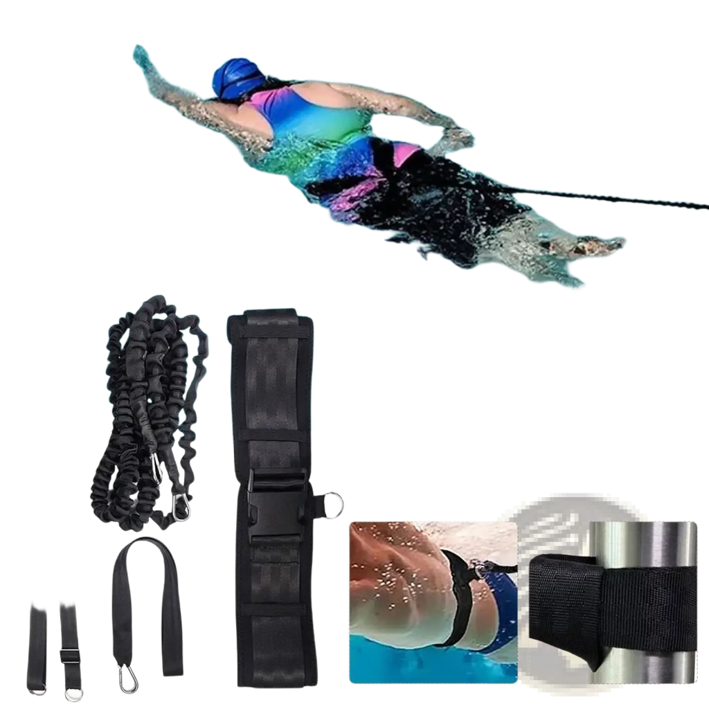 Black swim training belt resistance tether with adjustable straps and metal carabiners for aquatic resistance training