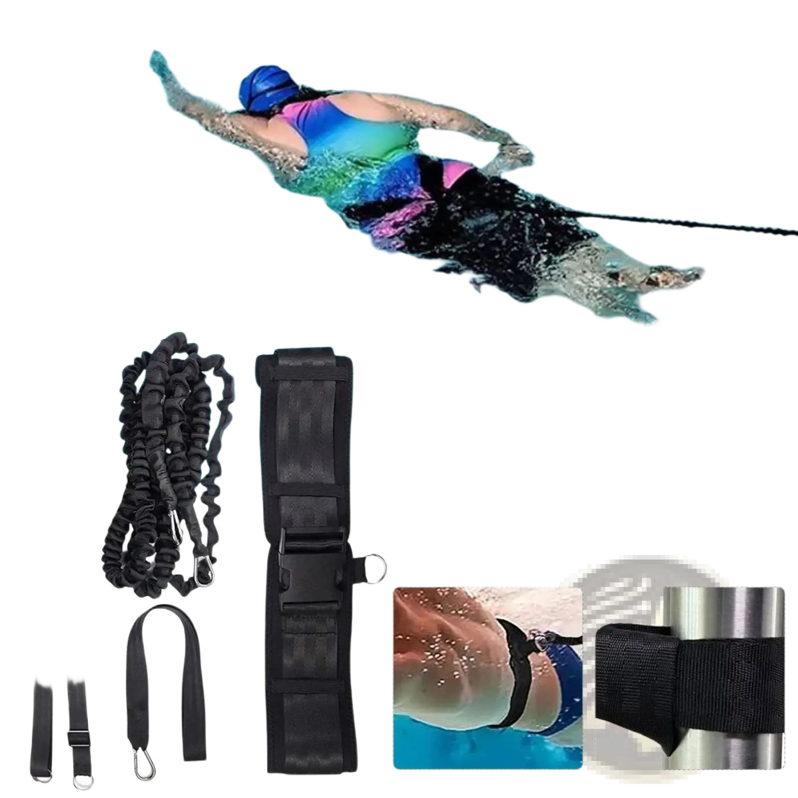 Black swim training belt resistance tether with adjustable straps and metal carabiners for aquatic resistance training