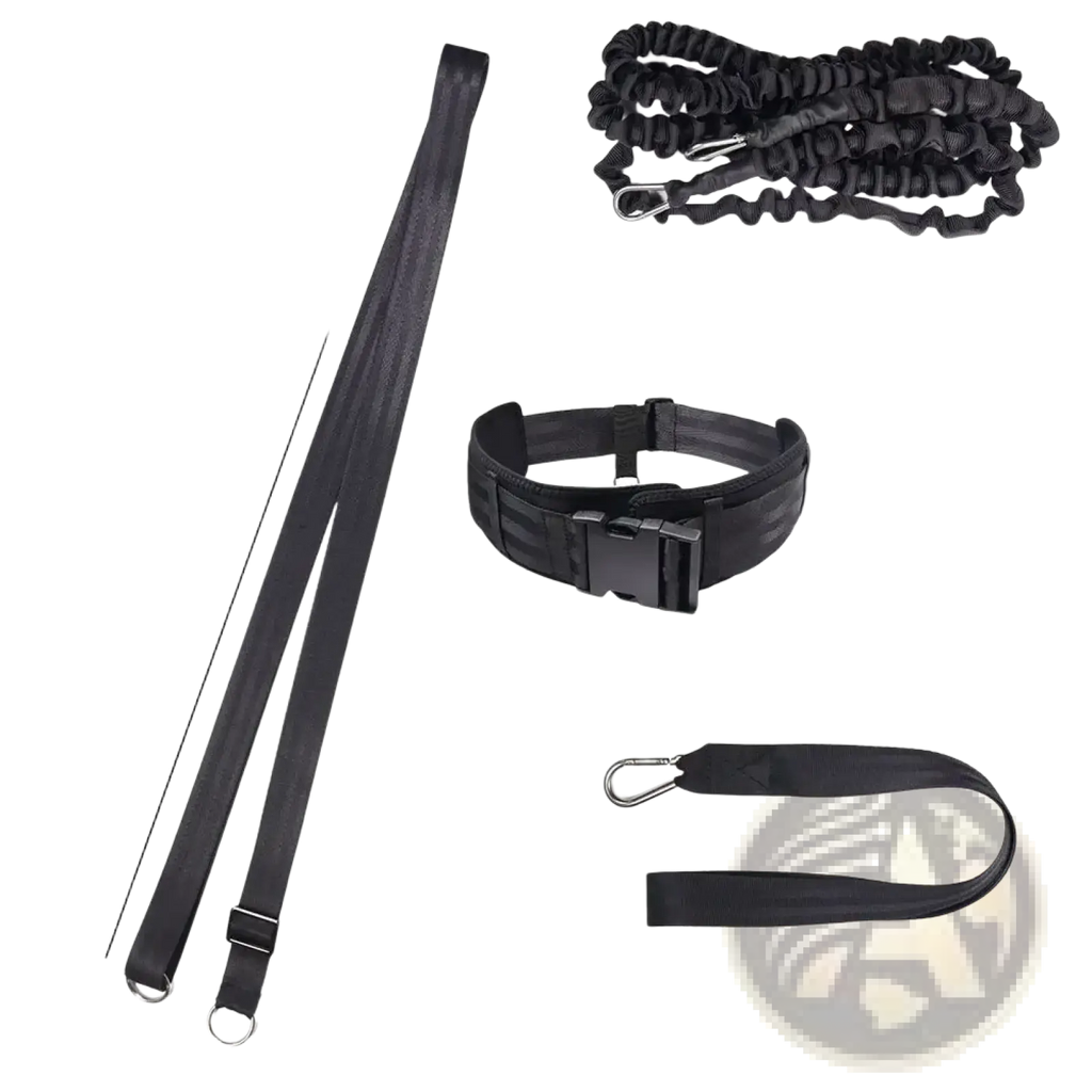 Black elastic swim training belt resistance tether with adjustable straps and metal carabiners for swim workouts