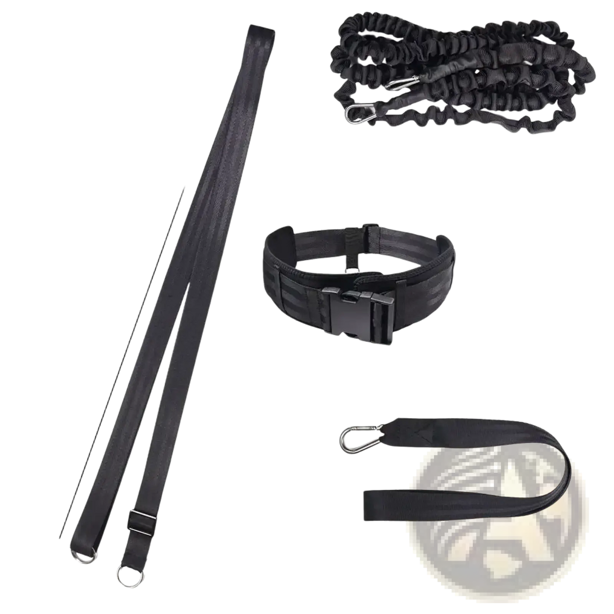 Black elastic swim training belt resistance tether with adjustable straps and metal carabiners for swim workouts