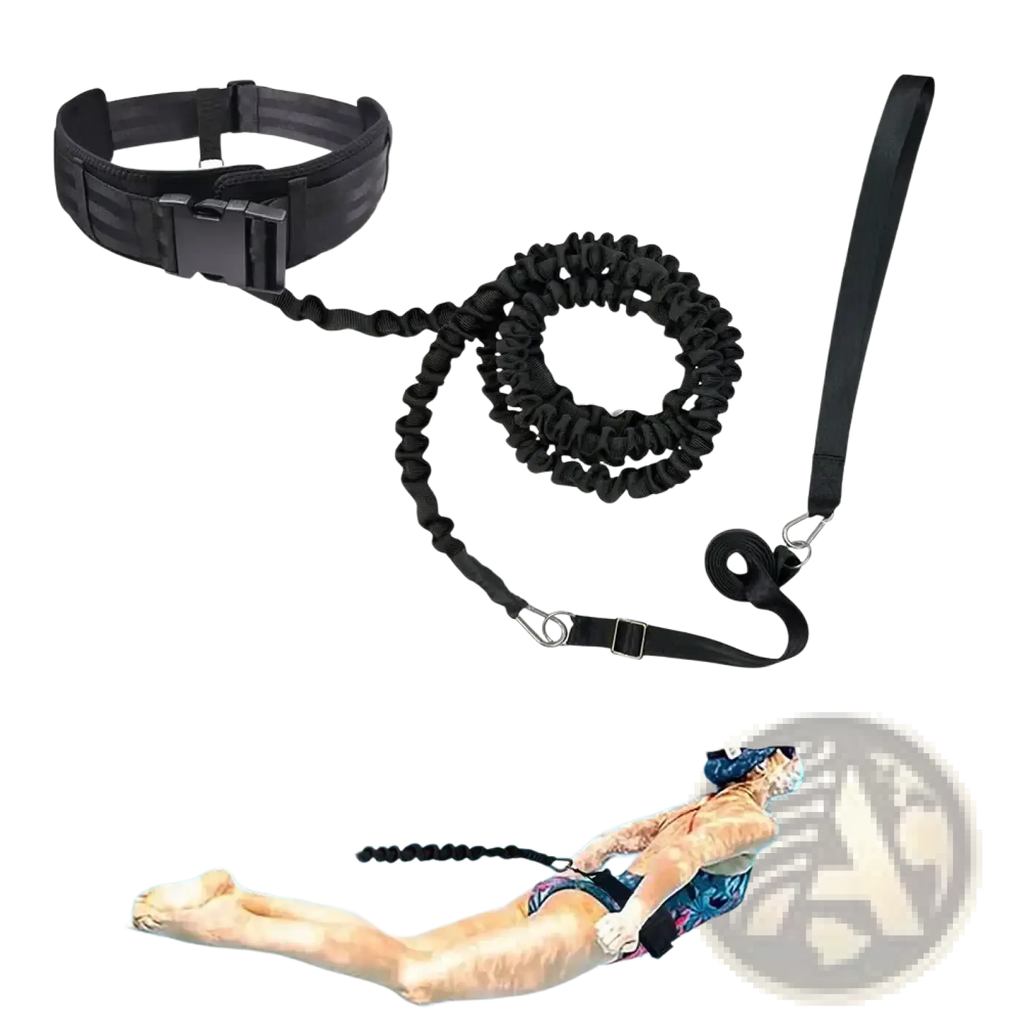 Black elastic swim training belt with adjustable buckle and attached leash for pool resistance tether use