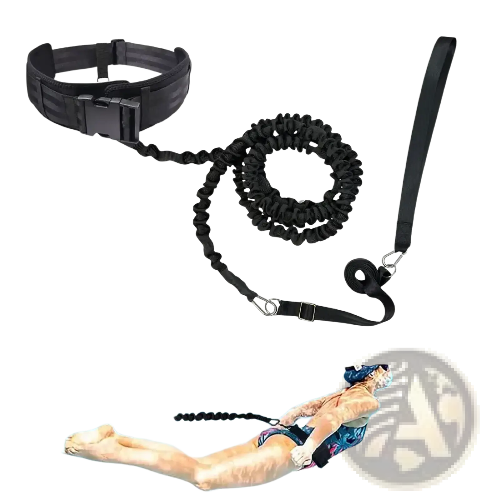 Black elastic swim training belt with adjustable buckle and attached leash for pool resistance tether use