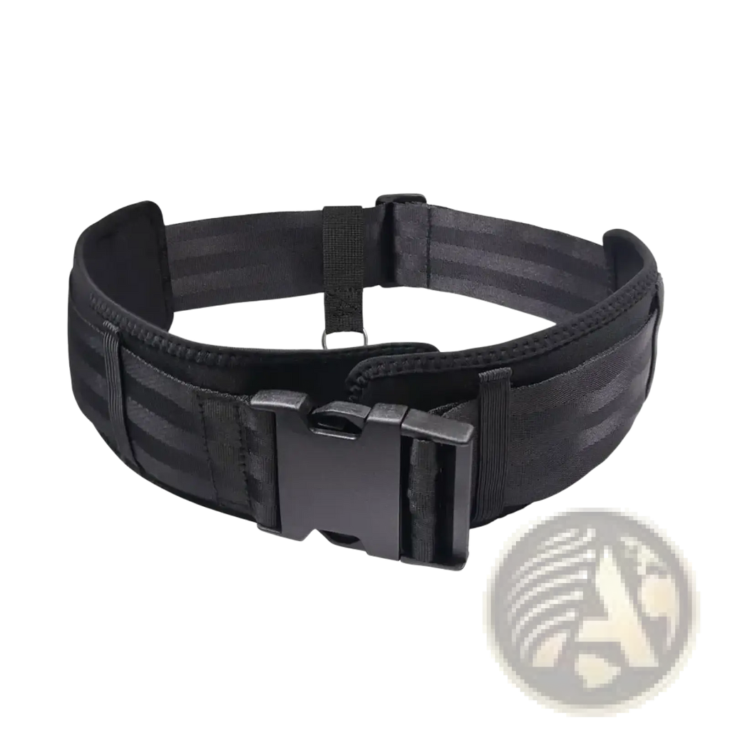 Black swim training belt resistance tether with sturdy plastic buckle and reinforced stitching for durability