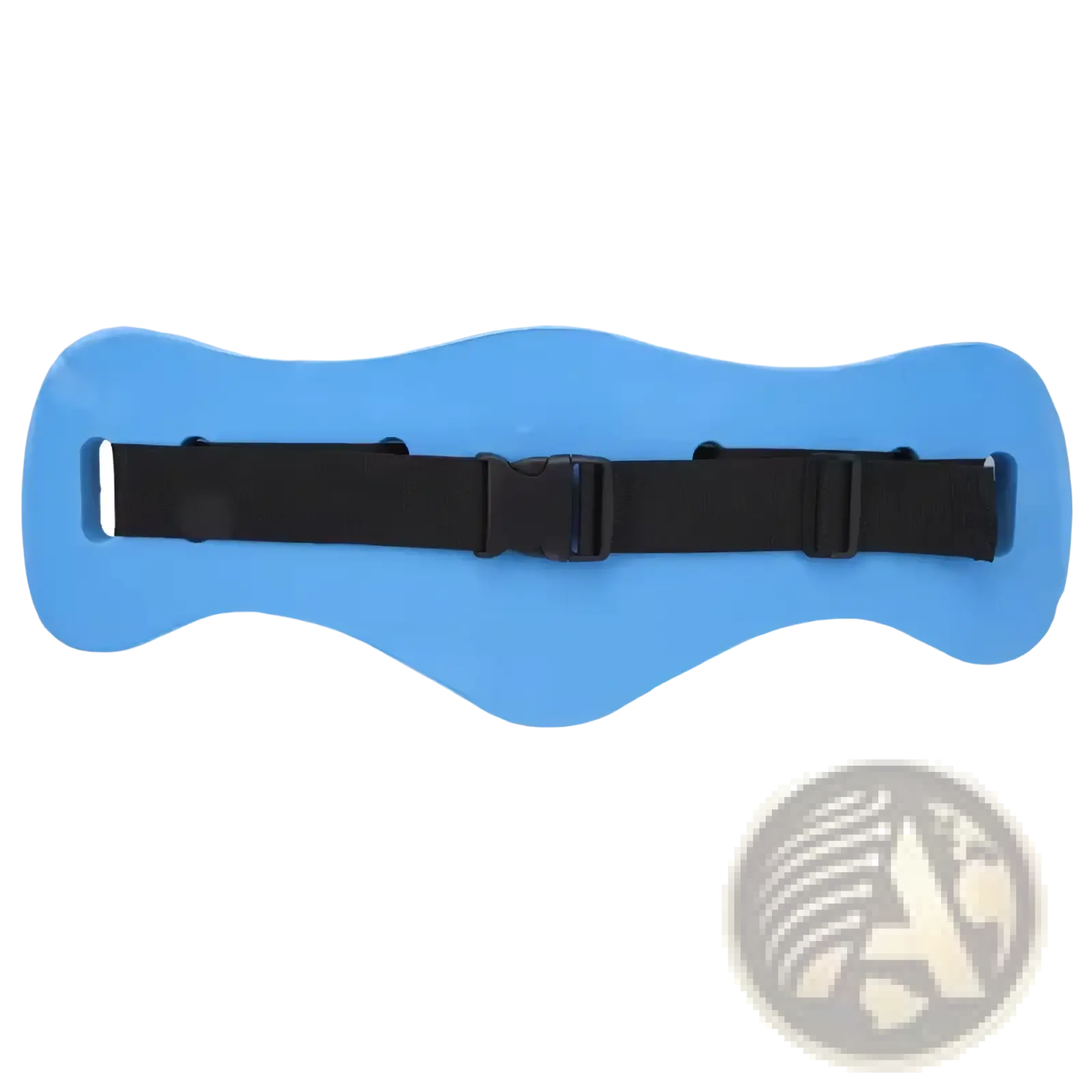 Blue inflatable swim training floating belt with black adjustable strap and buckle for beginners