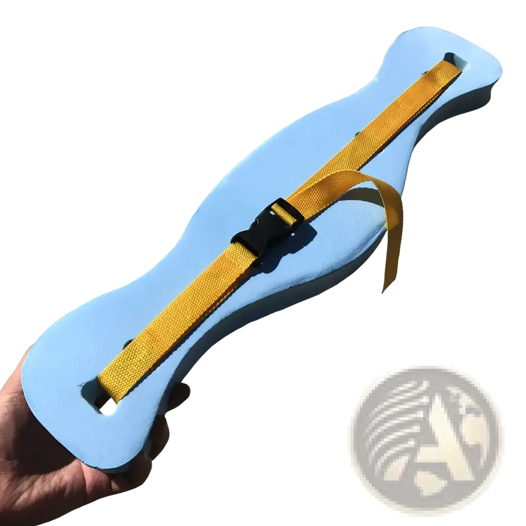 Light blue foam swim training floating belt for beginners with yellow adjustable strap and black buckle