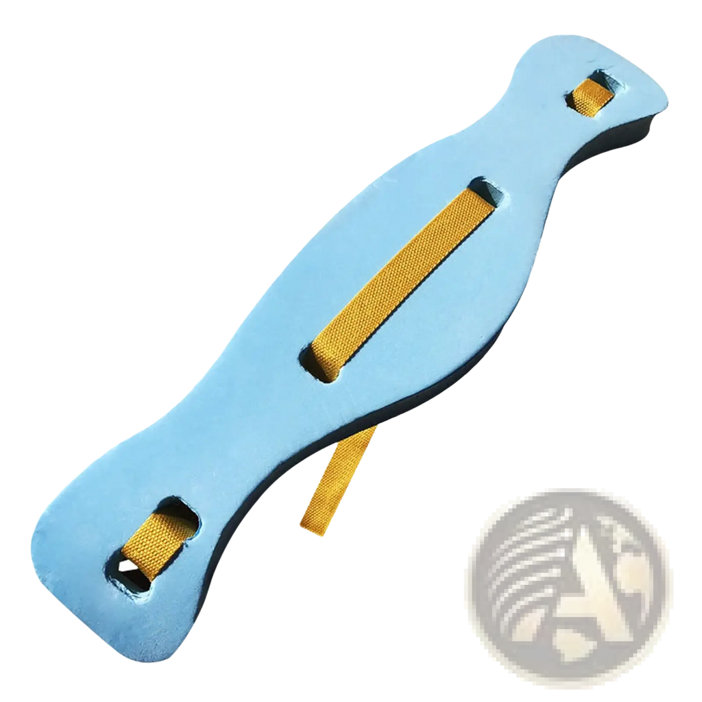 Swim training floating belt for beginners made of light blue foam with yellow fabric straps and secure attachment loops