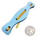 Swim training floating belt for beginners made of light blue foam with yellow fabric straps and secure attachment loops