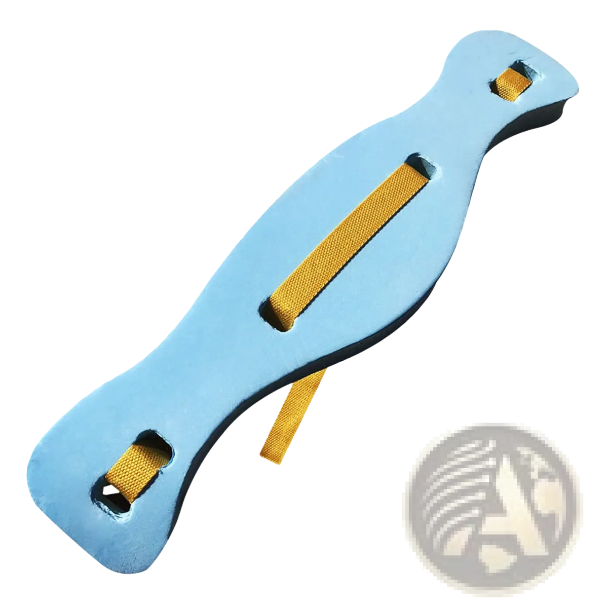 Swim training floating belt for beginners made of light blue foam with yellow fabric straps and secure attachment loops