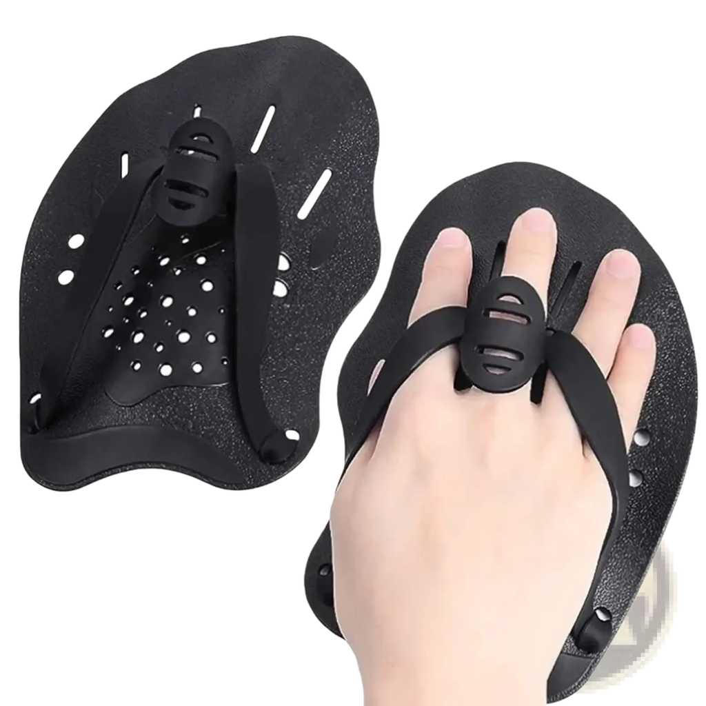 Black swim training hand paddles with finger loops and perforated surfaces for swim stroke improvement