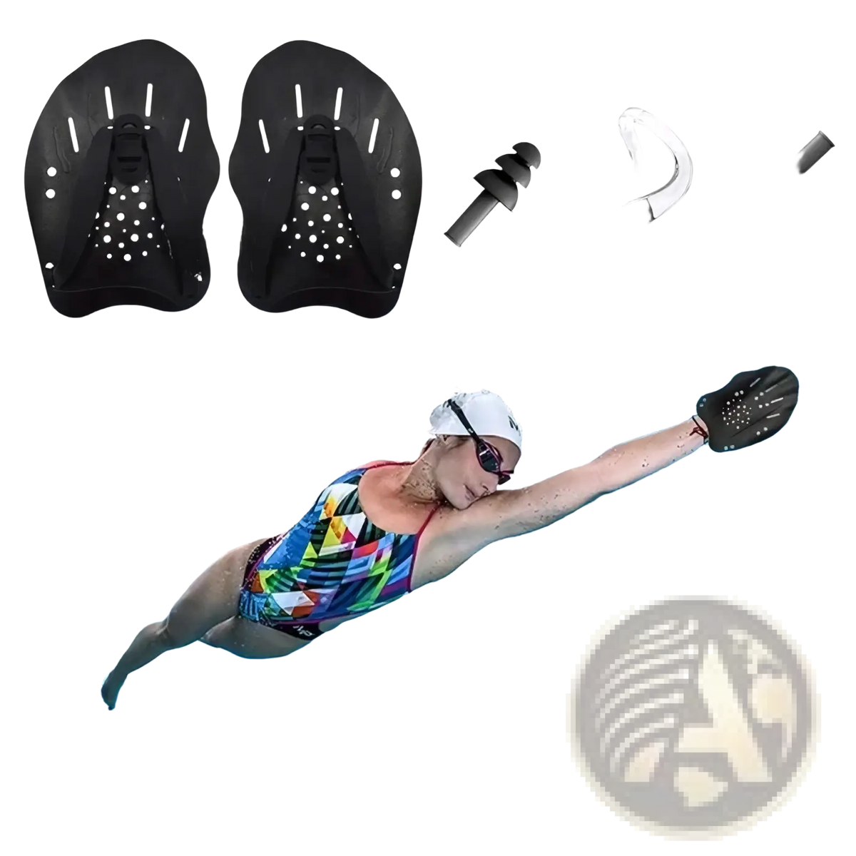 Black swim fins with perforated design and adjustable strap shown with earplugs and nose clip for swim training set