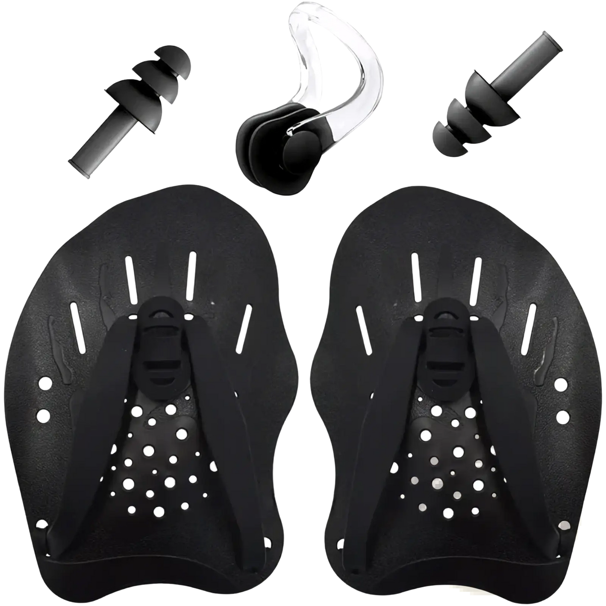 Black swim training hand paddles set with perforated design and adjustable straps for enhanced swim training