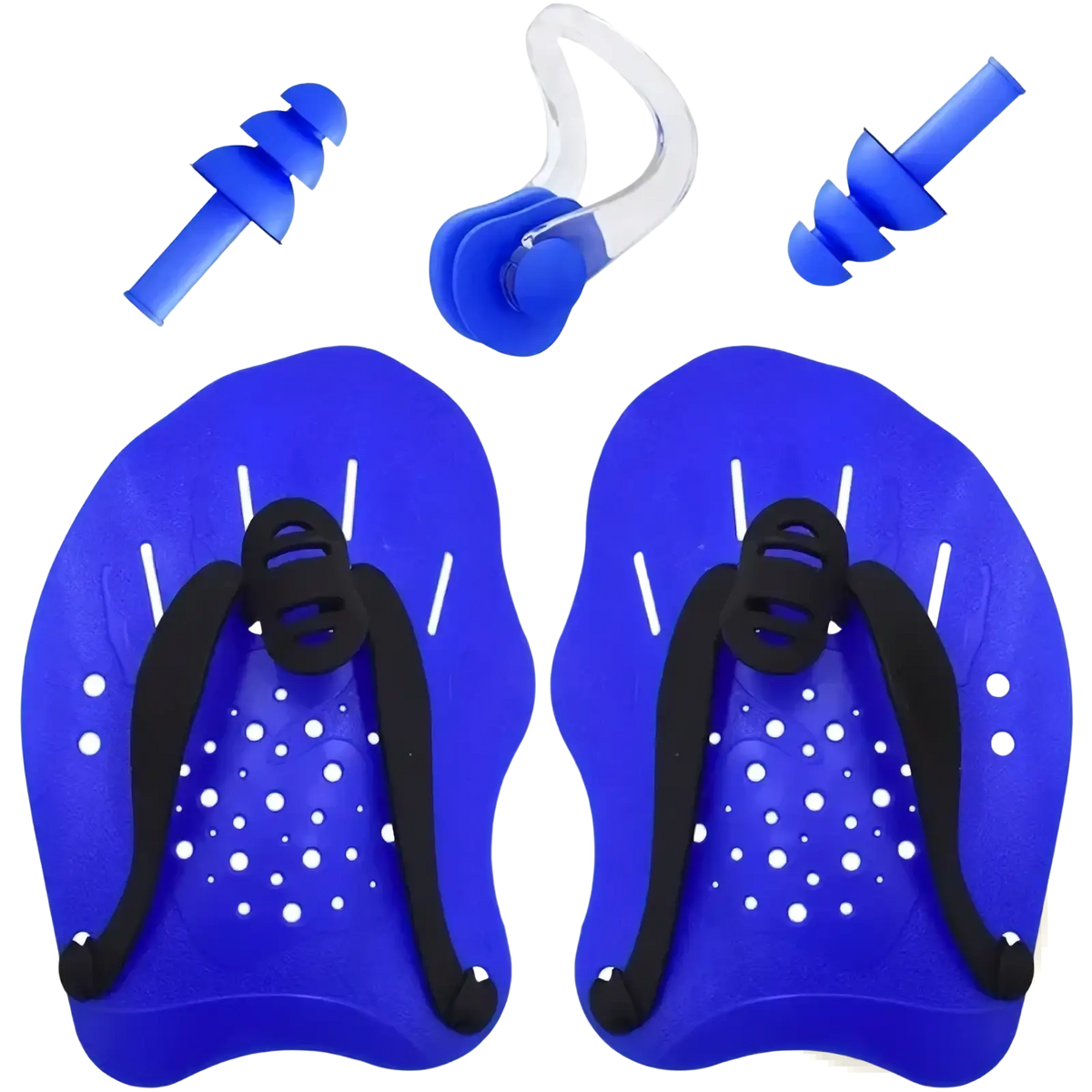 Blue swim training hand paddles set with black straps and white perforations designed for swim improvement