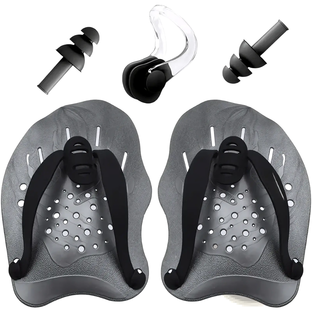 Gray swim training hand paddles with black straps and perforated design accompanied by a set of earplugs