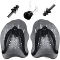 Gray swim training hand paddles with black straps and perforated design accompanied by a set of earplugs